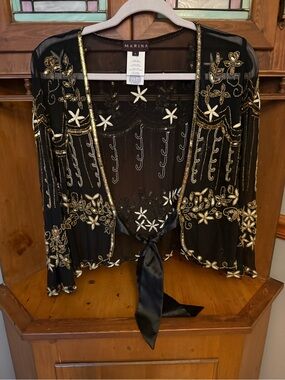 MARINA vintage silk Black Sheer Beaded Tie-Front Jacket L GORGEOUS